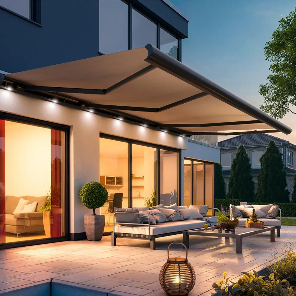 Retractable awning with built-in LED lighting covering a stylish patio seating area.