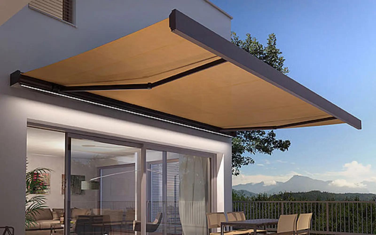 Retractable awning providing shade over a modern balcony with scenic views.